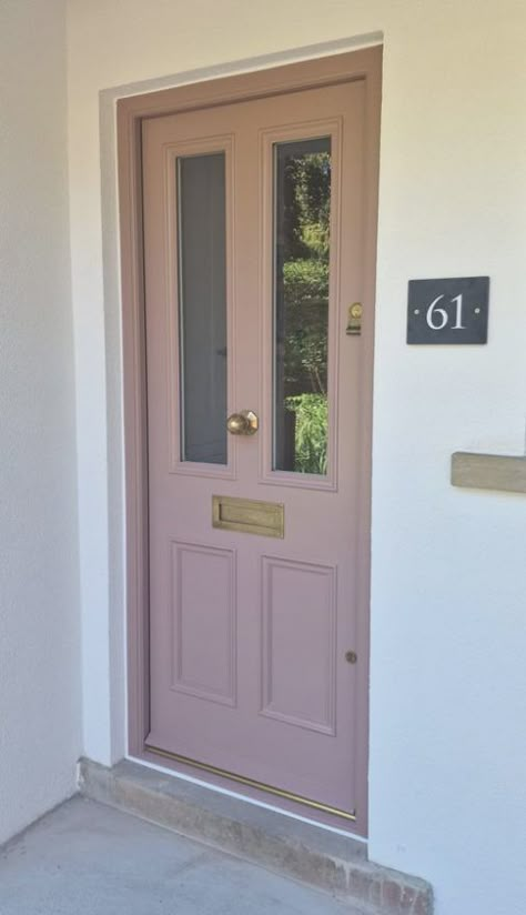 Sapele Hardwood Door. Painted in Farrow & Ball Sulking Room Pink. Customers own reclaimed door furniture. Painting Inside Of Front Door, Sulking Room Pink, Barn Door Projects, Victorian Front Doors, Cottage Front Doors, Pink Front Door, Home Styles Exterior, Front Door Paint Colors, Hardwood Doors