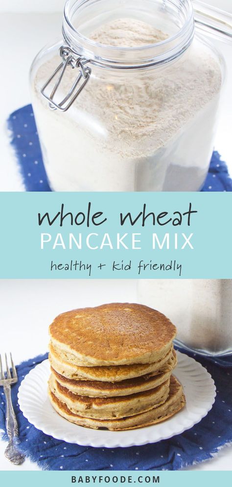 This easy Whole Wheat Pancake Mix takes 5 minutes to toss together and is made with whole wheat, ground flax seeds and just the right amount of cinnamon. It's the perfect make-ahead staple to stock in your pantry for a quick breakfast on a busy morning! #pancakes #breakfast #wholewheat Toddler Breakfast Recipes, Basic Pancakes, Pancake Mix Recipe, Morning Pancakes, Whole Wheat Pancakes, Wheat Pancakes, Pancakes Breakfast, Baby Puree Recipes, Baking Basics