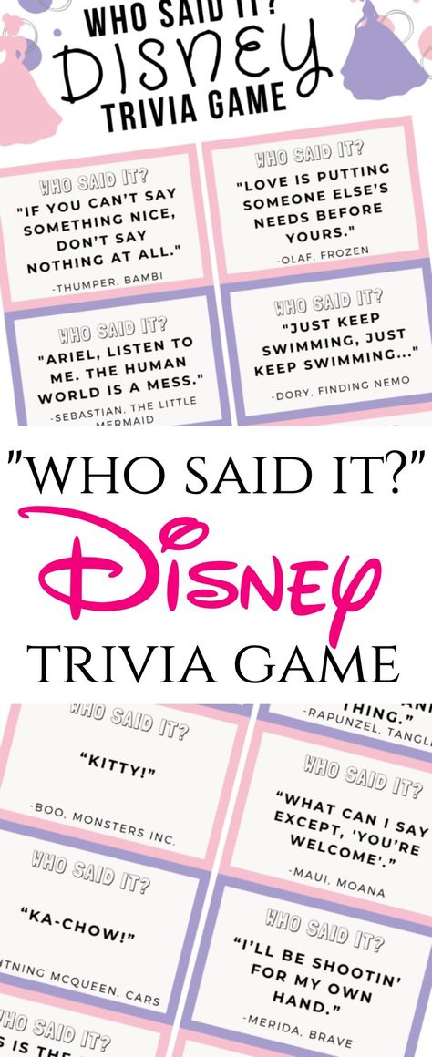 Who Said It Disney Trivia Game is a fun, family night game to encourage time together at home while also playing something fun and creative!  #disney #trivia #familynight #gamenight #parenting #stayathome #printable Disney Theme Games Activities, Disney Jeopardy Questions, Adult Disney Party Games, Disney After School Club Ideas, Disney Trivia For Kids, Disney Party Games For Adults, Disney Games Party, Trivia Night Ideas, Disney Games For Adults