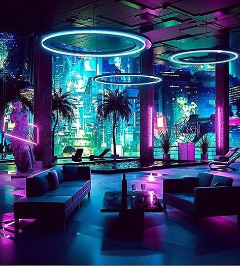 Cyberpunk Home, Neon Jungle, Nightclub Design, Neon Room, New Retro Wave, Futuristic Interior, Cyberpunk City, Home Aesthetic, Neon Aesthetic