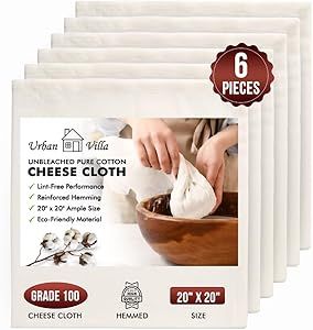 Urban Villa 6 Pcs Cheese Cloths | Grade 100 Cheesecloth for Straining Cheese | Unbleached Muslin Cloth Yogurt Cloth Strainer| Juice, Butter, & Cheese Making Supplies | 20x20 Muslin Cloth, Cheese Making, Butter Cheese, Home Board, How To Make Cheese, Cheese Cloth, New Flavour, Kitchen Utensils Gadgets, Goat Milk