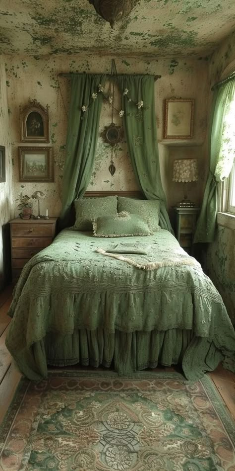 Green Royalcore, Royalcore Bedroom, Green Vintage Bedroom, Bedroom With Flowers, Green Victorian Bedroom, Vintage Coquette Room, Fairy Garden Bedroom, Fairy Bed, Loft Bed Ideas