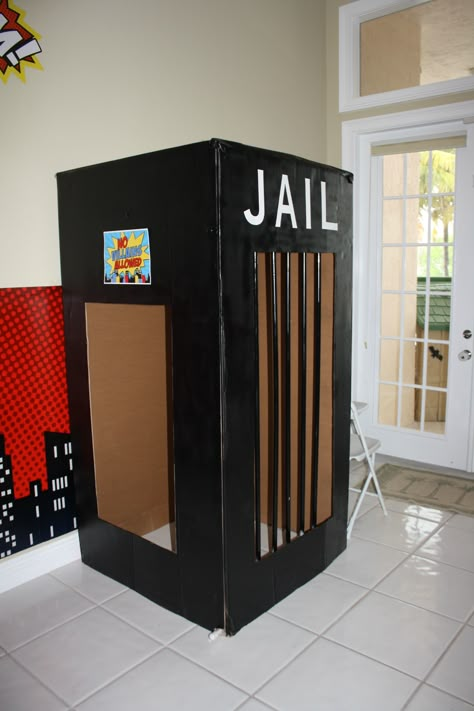 Jail and bail game More Cop Birthday Party, Monopoly Jail Photo Booth, Jail Break Theme, Police Cadet Graduation Party, Jail Booth Ideas, Diy Jail Cell Prop, Jail Booth, Cops And Robbers Decorations, Hulk Party Activities