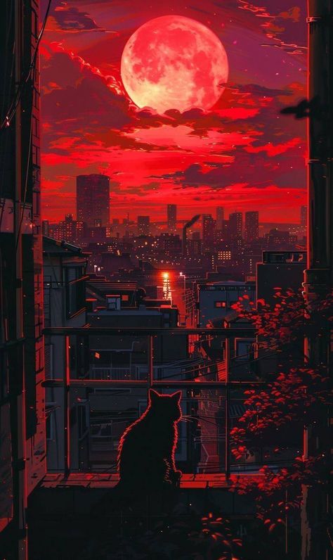 Backgrounds Iphone Dark, Cat Art Wallpaper, Sitting Background, Rojo Aesthetic, Cityscape Aesthetic, City Backgrounds, City In The Sky, Cat Sunset, Moon Illustrations