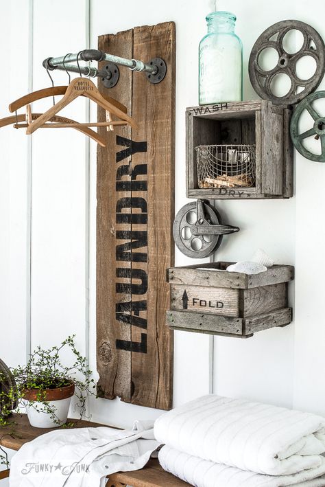 Creating an industrial farmhouse reclaimed wood and pipe LAUNDRY sign hanging station with crate shelves, with Funky Junk's Old Sign Stencils and Fusion Mineral Paint | funkyjunkinteriors.net Upcycled Projects, Crate Shelves, Farmhouse Laundry, Farmhouse Laundry Room, Laundry Room Storage, Laundry Mud Room, Funky Junk, Industrial Farmhouse, Laundry Room Makeover