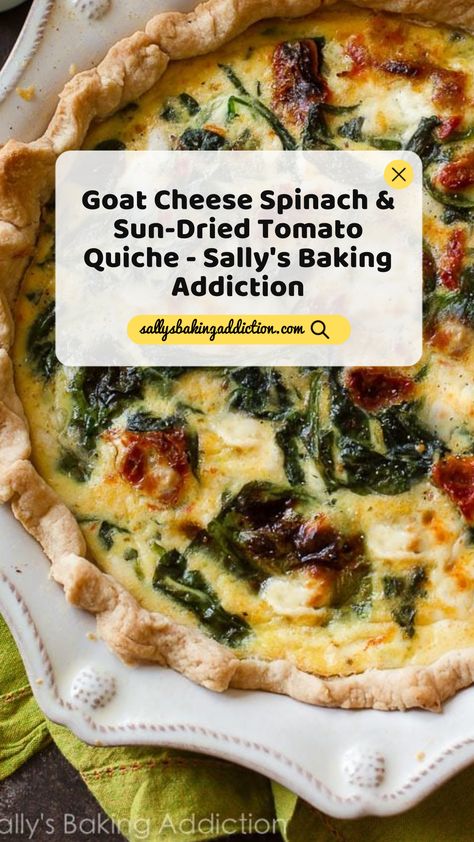 Make an easy and delicious goat cheese spinach & sun-dried tomato quiche for breakfast or brunch using fresh spinach and flavor-packed ingredients! Spinach Tomato Quiche Recipes, Sundried Tomato Quiche Recipes, Quiche With Sundried Tomatoes, Spinach Sundried Tomato Quiche, Goat Cheese Quiche Recipes, Quiche Sundried Tomato, Quiche Recipes Goat Cheese, Quiche Goat Cheese, Sundried Tomato Quiche