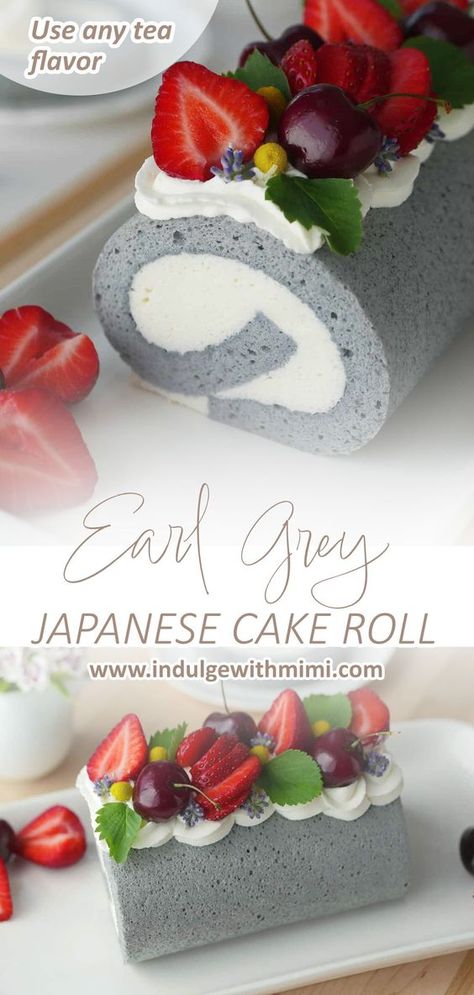 A beloved café favorite, London Fog latte, is interpreted into a super soft and fluffy Earl Grey tea cake roll. Easily substitute with your favorite tea flavor. #earlgrey #tea #cake #chiffon #cakeroll Asian Flavors Dessert, Spring Roll Cake, Fun Cake Flavors, Fancy Cake Recipes, Japanese Fluffy Cake, Japanese Cake Roll, Cute Dessert Recipes, Cute Dessert Ideas, Fluffy Desserts