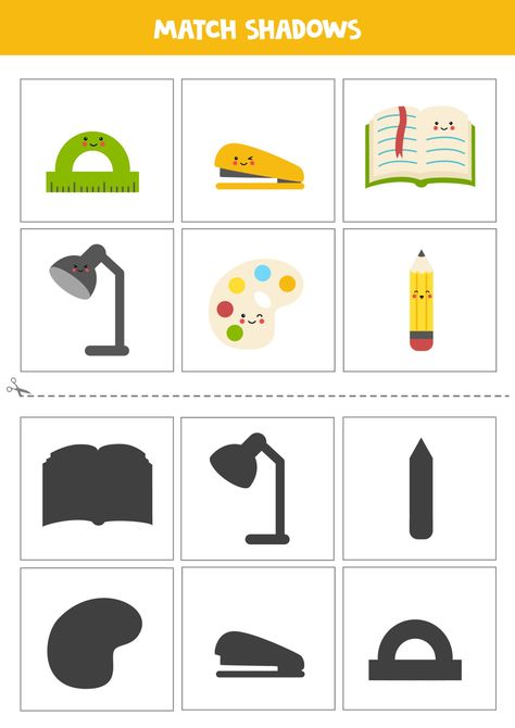 Download the Find shadows of cute school supplies. Cards for kids. 3271633 royalty-free Vector from Vecteezy for your project and explore over a million other vectors, icons and clipart graphics! Sorting Games, Cards For Kids, Educational Games For Kids, Cute School Supplies, Game For Kids, Educational Worksheets, Graphic Editing, Educational Games, Kids Education