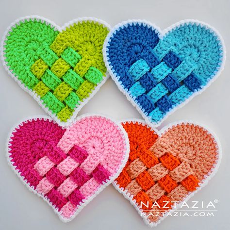 Crochet Woven Heart - Naztazia ® Heart Crochet Pattern, Woven Heart, Heart Crochet, Crochet Heart Pattern, Crochet Weaves, Valentines Crochet, Crochet Heart, Crochet Coasters, Heart Pattern