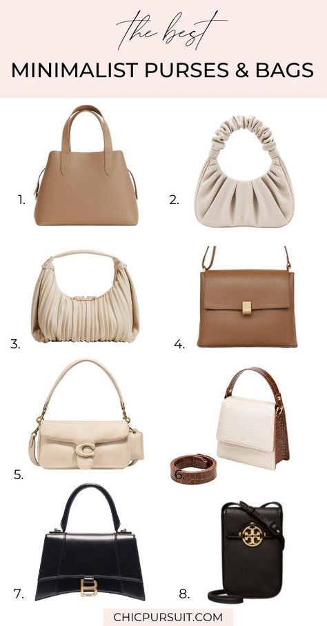 A collection of minimalist bags for women 2021, including the best black bags, best white bags, best cream bags, best nude bags, and the best tan bags for women. All of these include minimalist baguette bags and other minimalist purses and minimalist bag designs. There are small handbags for women, as well as minimalist office bags for women, work bags for women, and the like. Some of these are affordable bags, but there’s also designer bags for women and trendy handbags for women. Trendy Bags Winter 2024, Capsule Handbag Collection, Handbag 2023 Trend, Minimalist Bag Collection, Affordable Purses And Handbags, Purse That Goes With Everything, Capsule Bag Collection, Taupe Handbag Outfits, Beige Handbag Outfit