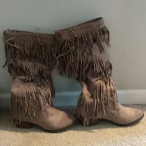 Faux Suede Fringed Knee Boots...New, Never Worn Brown Fringe Boots, Fringed Boots, Cute Cowgirl Boots, Suede Fringe Boots, Hippie Aesthetic, Fringe Boots, Dress Up Dolls, Swag Shoes, Suede Fringe