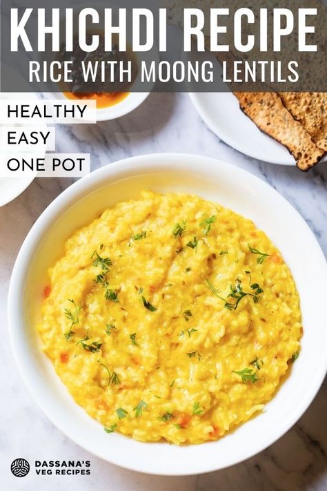 In America, if you aren't feeling well it's traditional to have soup to help you feel better. In India, this feel better dish is called khichdi, or rice with moong lentils. Mung Lentils Khichdi is a simple one pot meal that is perfect for someone who is n't feeling themselves or is taking part in a detox diet. #Khichdi #DalKhichdi #healthy #lentils #vegetarian #vegan Moong Dal Khichdi, Moong Dal Recipe, Dal Khichdi, Dhal Recipe, Khichdi Recipe, Indian Veg Recipes, Lentil Dishes, Lentils And Rice, Pulao Recipe