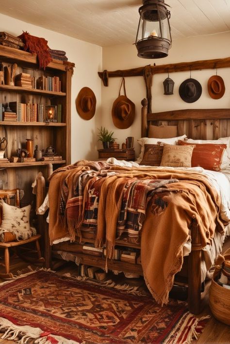 Western Cabin Interior, Western Antique Bedroom, Cowboy Cabin Interior Design, Bedroom Western Rustic Country, Ranch Bedrooms, Ranch Style Bedroom, Western Bedroom Ideas, Barrel Tables, Rustic Wooden Bed