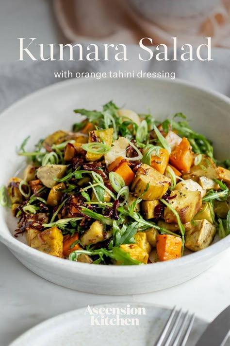 Roast kumara salad with an orange tahini dressing – a lighter take you can enjoy year-round! Kumara Salad, Kumara Recipes, Kiwi Recipes, Easy Roast, Salad Easy, Beautiful Salad, Vegan Zucchini, Ambrosia Salad, Vegan Salad Recipes