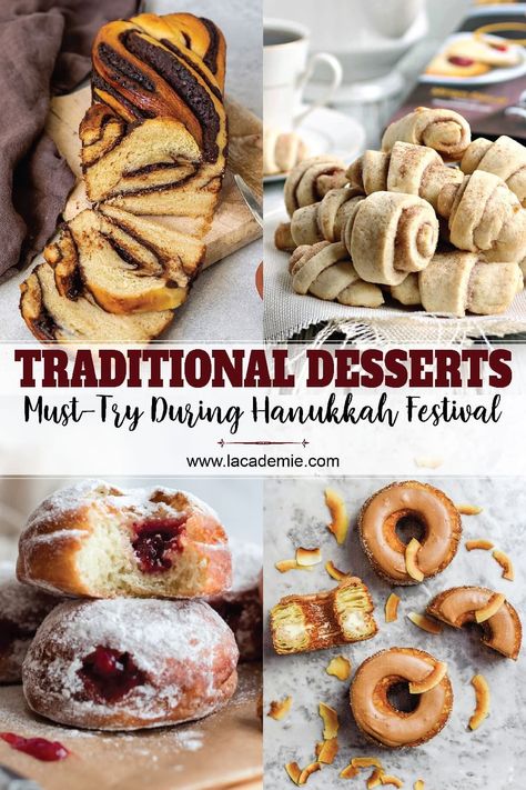 These gooey jelly donuts and other desserts will become the Hanukkah festival highlight. Hanukkah Dessert Recipes, Hannukah Desserts, Hanukkah Baking, Chilean Desserts, Jewish Desserts, Hannukah Recipes, Hanukkah Desserts, Traditional Desserts, German Food Authentic