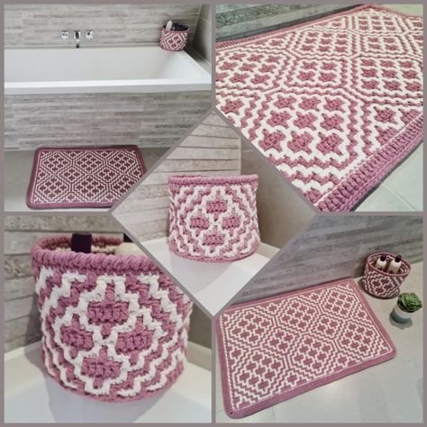 Mosaic Crochet Simple, Small Mosaic Crochet Projects, Baby Mosiac Crochet Blanket, Sholach Mosaic Crochet, Inset Mosaic Crochet, Crochet Rug Pattern, Mosaic Crochet Written Pattern, Basket Bathroom, Crochet Mat