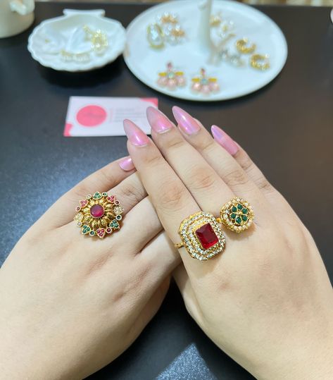 Our Beautiful adjustable rings Collection 😍 Zabardast Quality😇🌸 Shop from website! mairajaccessories.com Press on/ Fake Nails by @trendytrinketsbykhirad (Rings, Adjustable Rings, Kundan Rings, Stone Rings, Zirconia Rings, Ladies Jewelry, jewelry collection) #mairajaccessories #mairajtohbesthai Kundan Rings, Rings Ladies, Rings Stone, Rings Adjustable, Rajputi Dress, Rings Collection, Zirconia Rings, Wedding Guests, Finger Ring