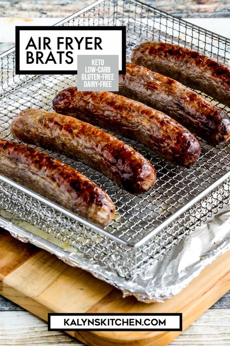 When you just want an easy and tasty low-carb dinner, these Air Fryer Brats are something you can literally have on the table in minutes. And the brats cooked in the Air Fryer were absolutely delicious! [found on KalynsKitchen.com] #AirFryerBrats #BratsRecipe #AirFryerRecipes Brats In Air Fryer, Air Fryer Brats, How To Cook Bratwurst, Toaster Oven Cooking, Brats Recipes, Bratwurst Recipes, Air Fryer Oven Recipes, Air Fryer Oven, Low Carb Sides