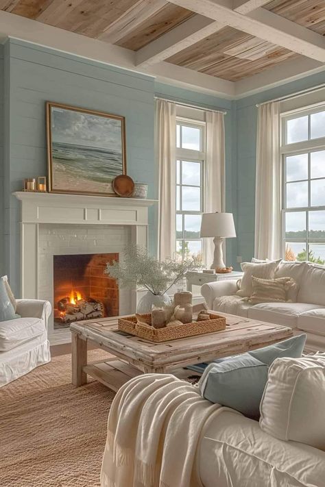 Cozy Beach Living Room Ideas, Nantucket Fireplace Living Rooms, Florida Aesthetic Home Decor, Airbnb Living Room Ideas, Sunroom Remodel, Beach Living Room, Phillip Island, Beach House Interior Design, Dream Beach Houses