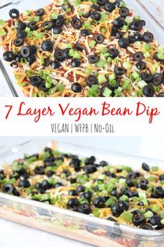 This easy 7 layer vegan bean dip recipe will be the best party appetizer for the 4th of July, Super Bowl Party, or potlucks.  It’s healthy and super simple to make.  Made with fat free refried beans, salsa, guacamole, black olives, green onions, vegan cheese, and a dairy free cashew sour cream mixed with taco seasoning.  It’s a classic Mexican dish with a whole food plant based twist. #7layerbeandip #veganbeandip #wholefoodplantbased #healthyveganrecipes #4thofjuly #tacotuesday #superbowl Vegan Mexican Dip Recipes, Vegan 7 Layer Bean Dip, Superbowl Vegan Party Food, Vegan Taco Dip Dairy Free, Bean Dip Dairy Free, Vegan Layered Bean Dip, Dairy Free 7 Layer Dip, Super Bowl Party Food Vegan, Superbowl Party Food Ideas Vegan