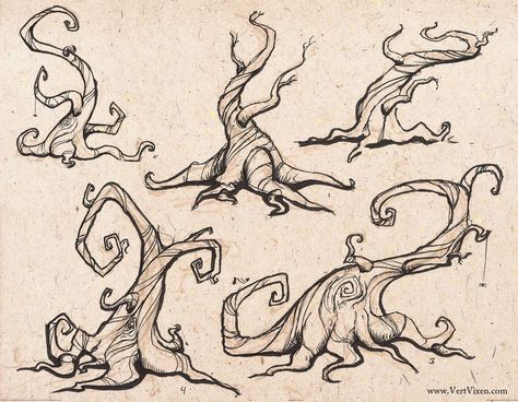 Twisty Trees! by Vert-Vixen on DeviantArt Twisty Tree, Toile Pattern, Art 2024, Tree Drawing, Tree Tattoo, Animation Background, Quick Sketch, Little Red Riding Hood, Cthulhu