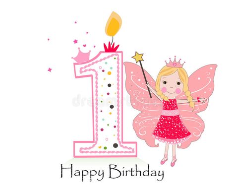 Happy First Birthday Candle. Baby Girl Greeting Card With Fairy Tale Stock Vector - Illustration of greeting, isolated: 78395438 Happy First Birthday Girl, Happy Birthday 1 Year, Happy Birthday Fairy, First Birthday Candle, Happy Birthday Download, 1st Birthday Wishes, First Birthday Girl, First Birthday Cards, Happy First Birthday