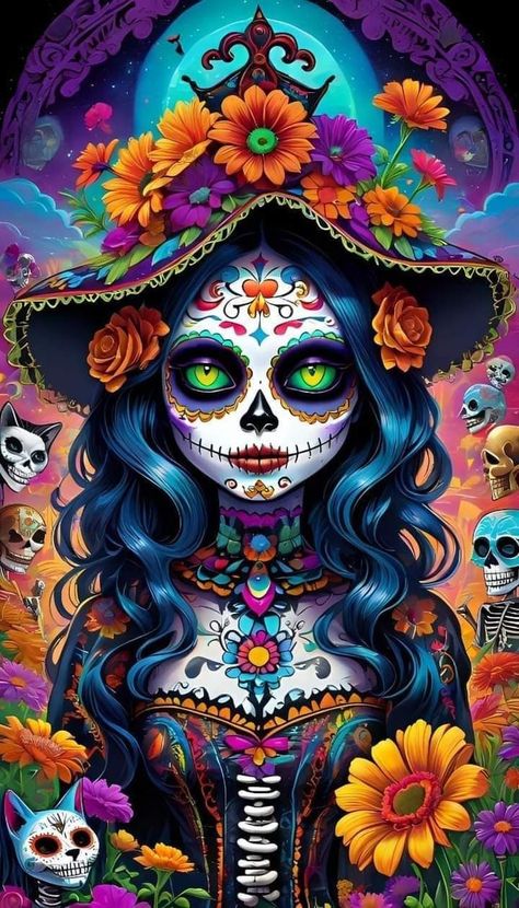 Day Of The Dead Wallpaper, Sugar Skull Art Drawing, Sugar Skull Wallpaper, Sugar Skull Artwork, Witch Cross Stitch, Mexican Culture Art, Mexican Sugar Skull, Skull Art Drawing, Sugar Skull Design