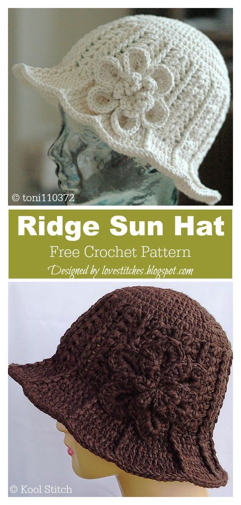 Ridge Sun Hat Free Crochet Pattern Flower Hat Crochet Pattern Free, Crochet Hats Free Pattern Ladies, Crochet Adult Hat, Crochet Summer Hats, Chemo Hats, Easy Crochet Hat, Crochet Sun Hat, Crocheted Hats, Crochet Hat Free