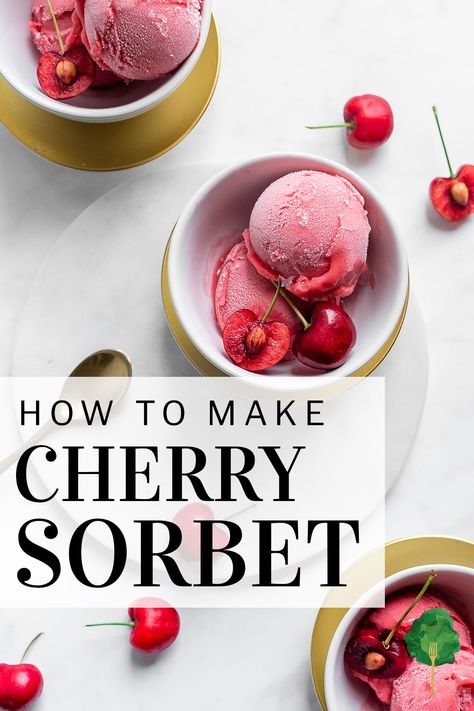 This icy cherry sorbet is spiked vanilla bean, almond, and kirsch which gives a potent, vibrant cherry flavor. A good dose of honey provides sweetness to balance the cherries for a delicious, simple summertime dessert. Recipes For Frozen Cherries, Cherry Sorbet, Frozen Sweet Cherry Recipes, Cherries In Snow Dessert, No Churn Cherry Ice Cream, Frozen Cherries, Sorbet Recipes, Cherry Juice, Ice Cream Popsicles