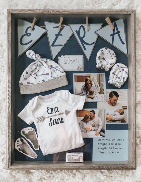 Baby shadowbox - baby keepsakes - baby boy - first outfit - hospital bracelets - birth story memories Birth Memory Ideas, Birth Shadow Box Ideas, Hospital Shadow Box Newborns, Hospital Bracelet Keepsake, Baby Keepsake Ideas Diy, Birth Keepsake Ideas, Birth Room Decoration Hospital, Baby Boy Shadow Box Ideas, Keepsake Ideas