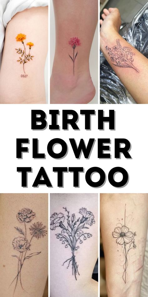 Explore meaningful birth flower tattoo ideas with beautiful designs for each month, perfect for families or adding kids' names for a personalized touch. Best Flower Tattoos For Women, Birthdate Tattoo Ideas Unique, Birth Flower Tattoos January, Name Tattoos Ideas For Women, July And August Birth Flower Tattoo, Flower Tattoo Placement Ideas, Name Tattoos Ideas, Kids Name Tattoos, December Flower Tattoo