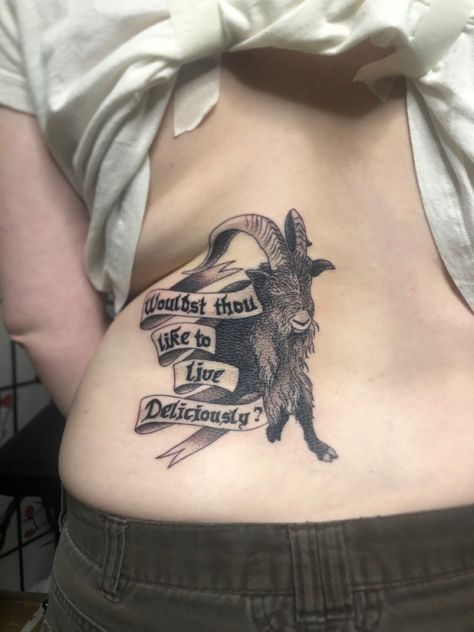 Black Philip Tattoo, Black Phillip Tattoo, Tattoo On Lower Back, Black Phillip, Side Tattoos, Hippie Festival, Tattoo Inspo, Lower Back Tattoos, Leg Tattoos