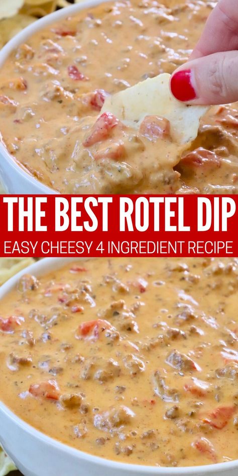 You only need 4 ingredients and 15 minutes to make this delicious, easy Rotel Dip recipe! Just grab a can of Rotel, a box of Velvetta, ground beef, and taco seasoning, and you're good to go. You can make the dip and serve it immediately, or transfer it to a Crock Pot to stay warm for the perfect party cheese dip! 3 Ingredient Rotel Dip, Hamburger Velveeta Rotel Dip Crockpot, Ground Beef Queso Dip Crock Pot, Tailgate Food Dips, Famous Dip Recipes, Rotel Dip With Taco Seasoning, Chili Rotel Cheese Dip, Cream Cheese Rotel Dip Crock Pot, Rotel Dip Stovetop