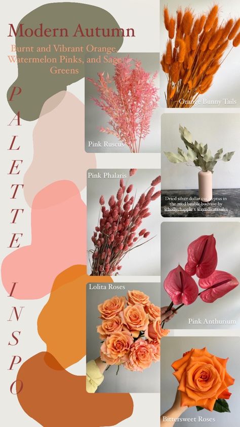 Pink Fall Palette, Fall Wedding Color Palette Pink, Fall Wedding With Pink Color Palettes, Dusty Pink And Orange Color Palette, Fall Color Flowers Wedding, Pink Orange Fall Wedding, Orange And Pink Fall Wedding, Pink Fall Wedding Theme, Orange And Pink Fall Wedding Colors