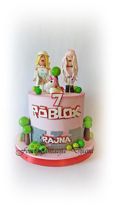 One cute girl cake . Cake toppers are handmade #fondant #ediblecolor #standardtools #brushes #robloxbirthdaycake #roblox #robloxcharacters #robloxcake #cake #cakedecorating #cakeart #cakedecor #cakesdecor Roblox Cake For Girls Ideas, Roblox Fondant Cake, Roblox Cake Topper Girl, Roblox Themed Cake, Roblox Cupcakes, Roblox Cakes, 7th Birthday Cake, Roblox Birthday Cake, Cake Designs For Girl