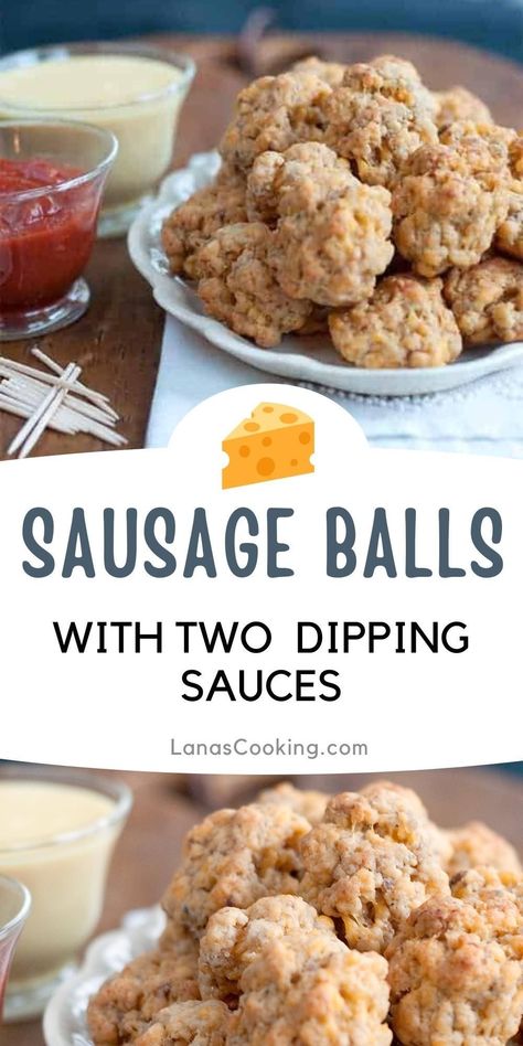 These classic Sausage Balls with Two Dipping Sauces are going to be the hit of your next get together! They’re super simple to make and are perfect for the holidays, game day, or just a neighborly gathering. Try them dipped in my honey mustard or spicy horseradish catsup sauce. Yum! Mustard Dipping Sauce For Sausage, Sausage Ball Dipping Sauce, Dipping Sauce For Sausage Balls, Sausage Balls Bisquick, Sausage Cheese Balls, Sausage Appetizers, Sausage Balls Recipe, Heritage Recipes, Sausage Biscuits