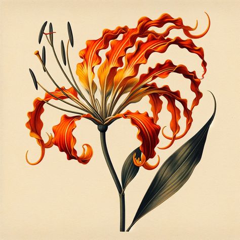 Flame Lilly Flame Lily Drawing, Fire Lily Flower, Orange Lily Flower Tattoo, Flame Lilly, Orange Lily Flower Drawing, Tiger Lily Illustration, Flame Lily, Tattoo School, Gloriosa Lily