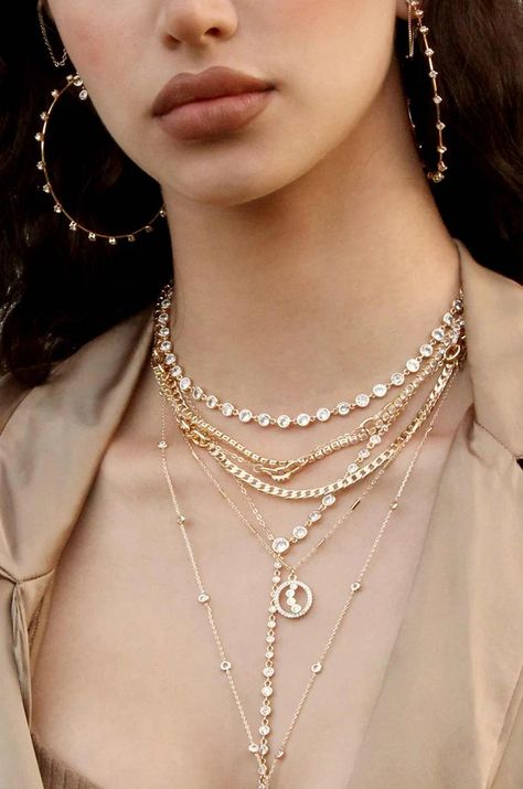 Shop Affordable, Fashion Necklaces For Women – Ettika Long Necklace Layering, Detailed Necklace, Golden Necklace, Photography Styling, Crystal Hoop Earrings, Luxury Necklace, Gold Necklace Set, Jewelry Photography, Large Crystals