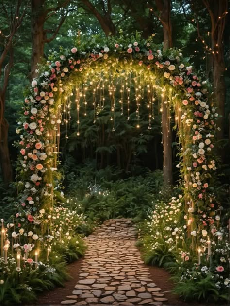 Wedding In A Backyard, Enchanted Wedding Ceremony, Cute Forest Wedding, Cottagecore Backyard Wedding, Fairy Wedding Ideas Decor, Fairy Light Wedding Arch, Lighted Wedding Arch, Outdoor Fairy Wedding Ideas, Wedding In Garden Decoration