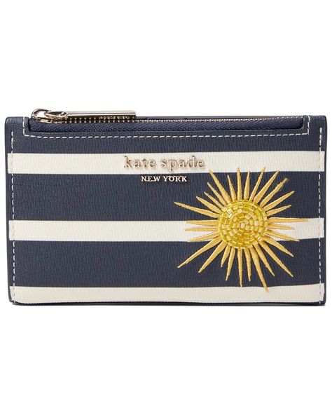 Kate Spade New York Sunkiss Embellished Printed PVC Small Slim Bifold Wallet | 6pm Kate Spade Card Holder, Makeup Accesories, Cute Wallets, Nautical Stripes, Teen Life Hacks, Blazer Blue, Keychain Wallet, Kate Spade Wallet, Fold Wallet