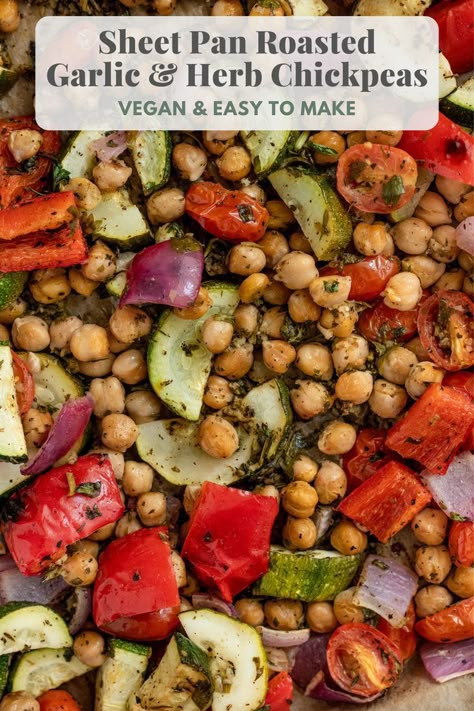 These Roasted Garlic & Herb Chickpeas are a delicious and easy vegan sheet pan dinner. These chickpeas and veggies are coated with dry thyme, basil and oregano to compliment the addition of fresh parsley and cilantro in every bite. Chickpea Sheet Pan Dinner, Chickpea Plant, Vegan Sheet Pan, Roasted Garbanzo Beans, Roasted Artichoke, Roast Zucchini, Baked Veggies, Chickpea Recipes, Vegan Meal Prep