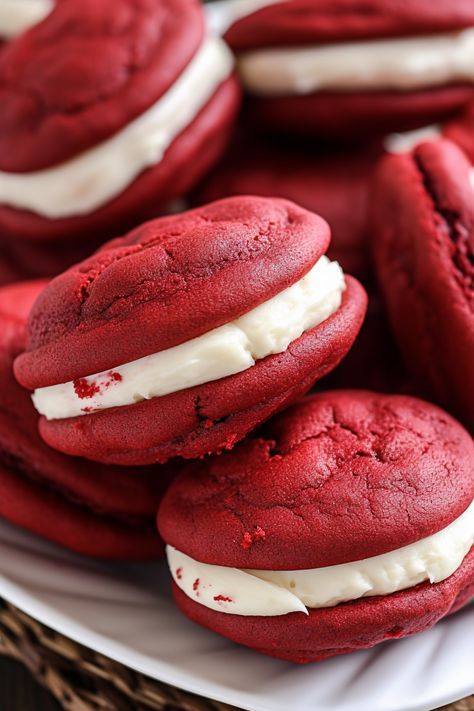 Red Velvet Whoopie Pies Creamed Peas And Potatoes, America Cake, Red Velvet Whoopie Pies, Cream Cheese Coffee Cake, Velvet Cookies, Red Velvet Cookies, Coconut Pecan, Blueberry Cream Cheese, Cream Cheese Cookies