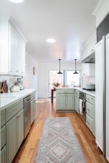 Modern Farmhouse Kitchen - Farmhouse - Kitchen - San Francisco - by Carmit Oron Interior Design | Houzz Galley Kitchen Renovation, Galley Kitchen Design, Galley Kitchen Remodel, Galley Kitchens, Modern Farmhouse Kitchen, Green Cabinets, Galley Kitchen, Modern Farmhouse Kitchens, Kitchen Redo