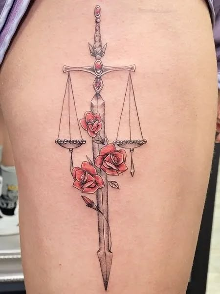 Libra Sister Tattoos, Libra Back Tattoo Women, Libra Leg Tattoos Women, Rose Libra Tattoo, Scales Of Justice Tattoo Fine Line, Elegant Libra Tattoos, Libra Arm Tattoo, Libra Spine Tattoos For Women, Libra Thigh Tattoo