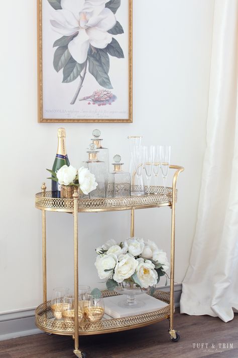 Gold Bar Cart Styling, Bar Cart Inspiration, Gold Bar Cart, Bar Cart Styling, Faux Floral Arrangement, Metal Tree Wall Art, Bar Cart Decor, Home Bar Decor, Bar Carts