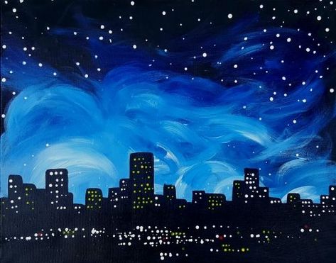 City Paintings, City Skyline Night, Sunset Canvas Painting, City Lights At Night, Skyline Painting, Watercolor City, Silhouette Painting, Paint Nite, Abstract City