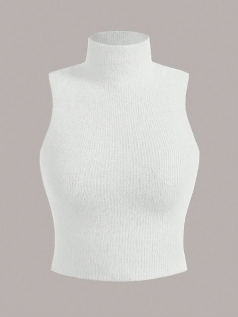 Turtleneck Fluffy Knit Top White Casual  Sleeveless Knitwear Plain  Slight Stretch  Women Clothing, size features are:Bust: ,Length: ,Sleeve Length: White Turtle Neck Sleeveless Outfit, White Turtleneck Tank Top, Halter Tops Outfit, Sweet 16 Hairstyles, Instagram Model Outfits, Turtle Neck Sleeveless, Fluffy Knit, White Knit Top, High Neck Crop Top