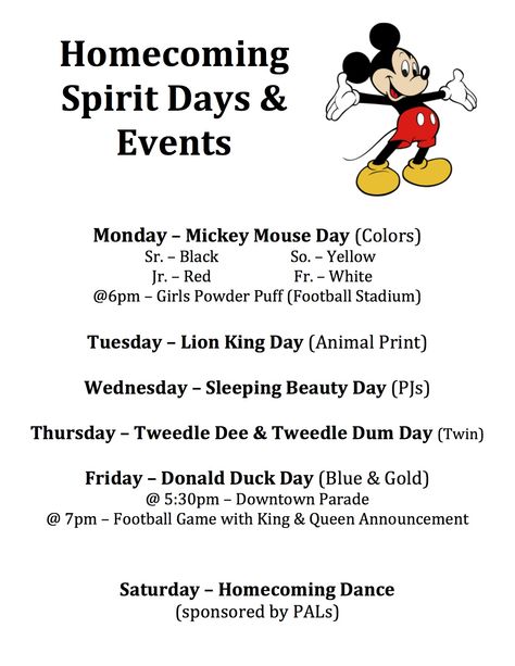 Homecoming Spirit Days Disney Homecoming, Spirit Week Ideas, Spirit Week Themes, Spirit Day Ideas, Pep Club, Homecoming Spirit Week, School Spirit Week, Homecoming Themes, School Spirit Days