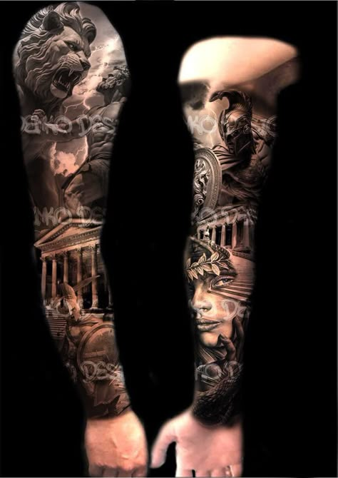 Gladiator Tattoo Design For Men, Gladiator Tattoo Sleeve, Men's Back Tattoos, Greek Sleeve Tattoo, Ares Tattoo, Inside Of Arm Tattoo, Greek Theme, Warrior Tattoo Sleeve, Greek God Tattoo