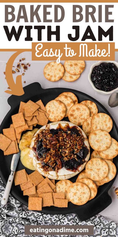 Serve this Baked Brie with Jam with your favorite crackers for a crowd pleasing appetizer. Soft, melty cheese Brie is delicious and easy to make. Appetizers are one of my favorite things to make especially for the holidays or when we have friends over. This Baked Brie with Jam is so impressive and everyone loves it. #eatingonadime #bakedbriewithjam #easyrecipe Baked Brie Jam, Baked Brie With Raspberry Jam, Baked Brie Recipes With Jam, Easy Brie Cheese Recipes, Bree Cheese Ideas, Brie With Jam, Baked Brie With Jam, Baked Brie Cheese, Cheese Brie